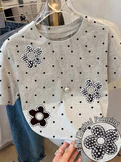 Resyla Women's Polka Dot & Floral Print Casual Round Neck Short Sleeve T-Shirt