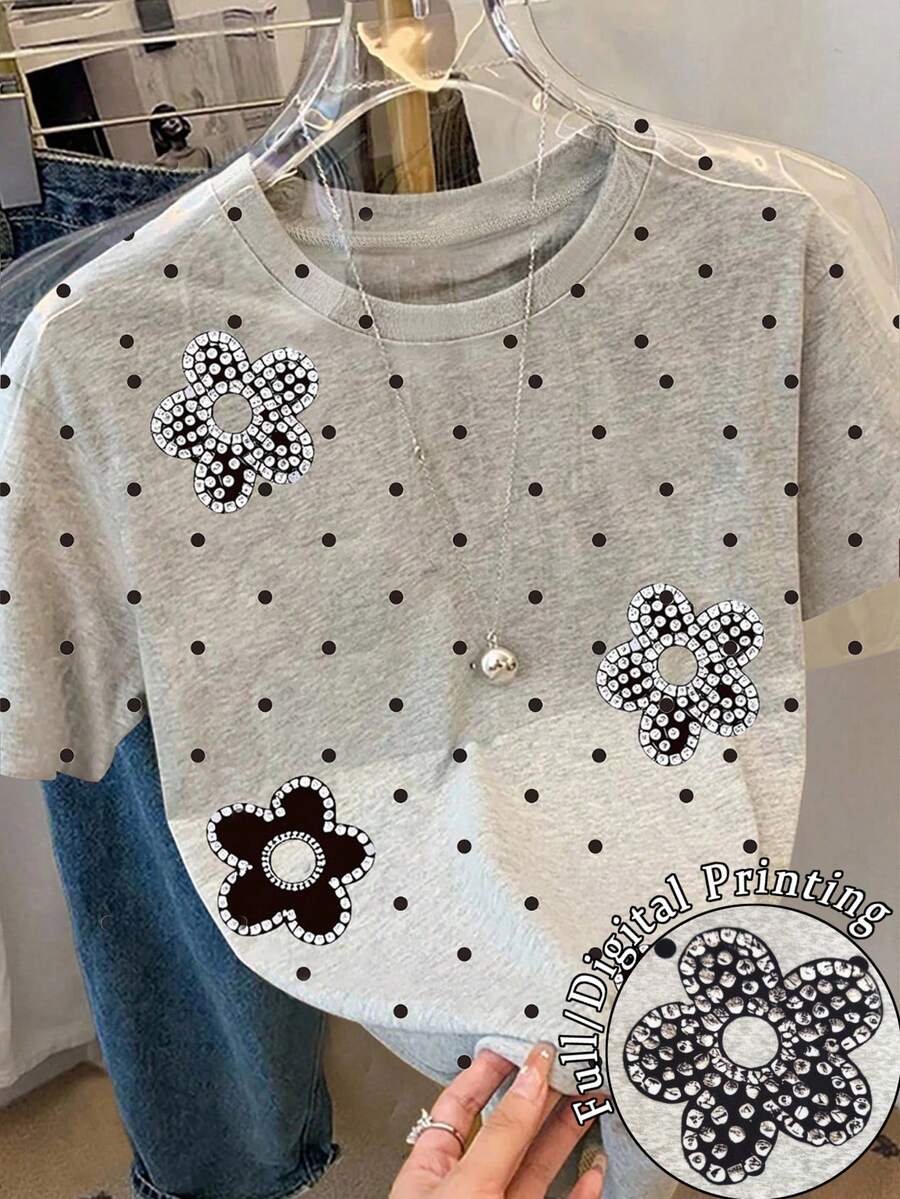 Resyla Áo thun nữ tay ngắn cổ tròn họa tiết chấm bi và hoa - Nhiều màu - Xem 1