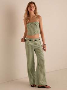 Easelle 女士绿色条纹编织两件套通勤套装 - 綠色 - 查看 3