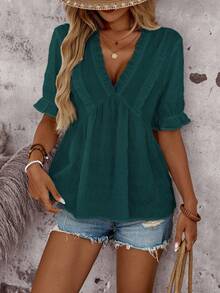 Rusticease Plus Size Women's Teal Boho Summer V-Neck Ruffle Trim Short Sleeve Blouse,Vacation Holiday Country Casual Top Shirt,Spring Break Outfits - Dark Green - View 5