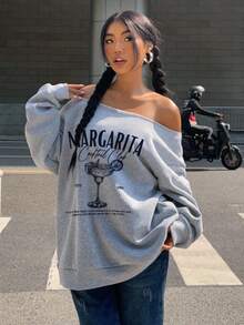 SHEIN EZwear Women's Light Gray Loose Fit Off-Shoulder Casual Long Sleeve Sweatshirt - Vacation Cocktail Pattern, Retro Casual Style, Perfect For Beach, Music Festivals, Vacation Vibes, Miami Girl Style, Spring Back-To-School, Spring & Autumn Clothing, Off-The-Shoulder Sweatshirt, Off-Shoulder Top, Turtle Neck Sweatshirt, Grey Sweatshirt, Summer Top - Light Grey - View 3