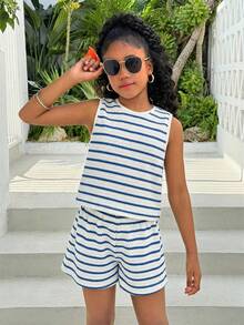 Tween Girl Spring/Summer New Knit Minimalist Striped Sleeveless Top With Bow Decor And Shorts 2-Piece Set Summer Two Piece Set For Teen Girls Women 2 Piece Sets Summer Romper For Teen Girls Tween Girl Clothes Romper Mommy And Me Romper - Blue - View 3