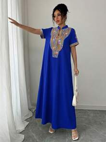 Rafferiza Contrast Color Embroidered Mandarin Collar Rhinestone Embellished Loose Long Dress For Women - Royal Blue - View 8