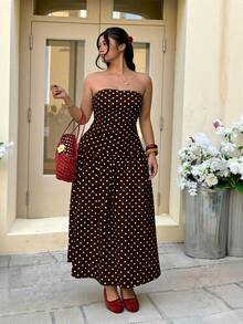 GalTyme 大码棕色波点印花抹胸连衣裙 - 棕色 - 查看 6