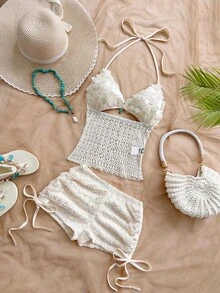 Soleia 女士复古度假风V领露背系带修身撞色上衣搭配低腰褶皱抽绳短裤两件套，适合派对、圣诞节、约会、夜店、海滩、邮轮、下午茶、波西米亚风、度假、秋季等场合。 - 杏色 - 查看 5