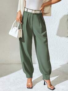 Xyvia Women's Elegant High-Waisted Double-Buckle Pleated Straight-Leg Casual Pants, Suitable For Spring And Autumn - Green - View 3