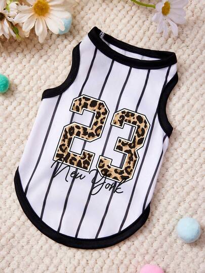 PETSIN 1pc Leopard Print Digital 23 Print Pet Vest With Black And White Vertical Stripes, Sporty Style, Soft And Breathable, Comfortable Pet Clothing