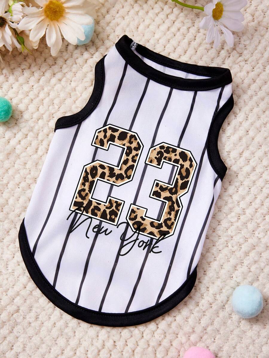 PETSIN 1pc Leopard Print Digital 23 Print Pet Vest With Black And White Vertical Stripes, Sporty Style, Soft And Breathable, Comfortable Pet Clothing - Multicolor - View 1