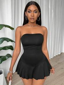 SHEIN PETITE 女士纯色性感露肩褶皱腰双层荷叶边下摆紧身连身裤 - 黑色 - 查看 3