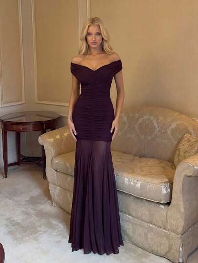 Elitara Elegant, Romantic, Fashionable Deep Purple Elastic Mesh Fabric Ruched Decor High Stretch A-Line Dress, Elegant Party Dress, Wedding Guest Dress, Purple Dress, Fashionable And Graceful Bridesmaid Dress