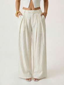 SHEIN PETITE Cream & Apricot Linen Low-Waist Pleated Wide-Leg Pants, Suitable For Italian Holiday, South France Holiday, Casual Trousers, Beach Pants, Cruise Pants, Old Money Style, Brunch Pants High Waist Pants White Wide Leg Pants Women Pants Wide Leg Pleated Pants - Apricot - View 1