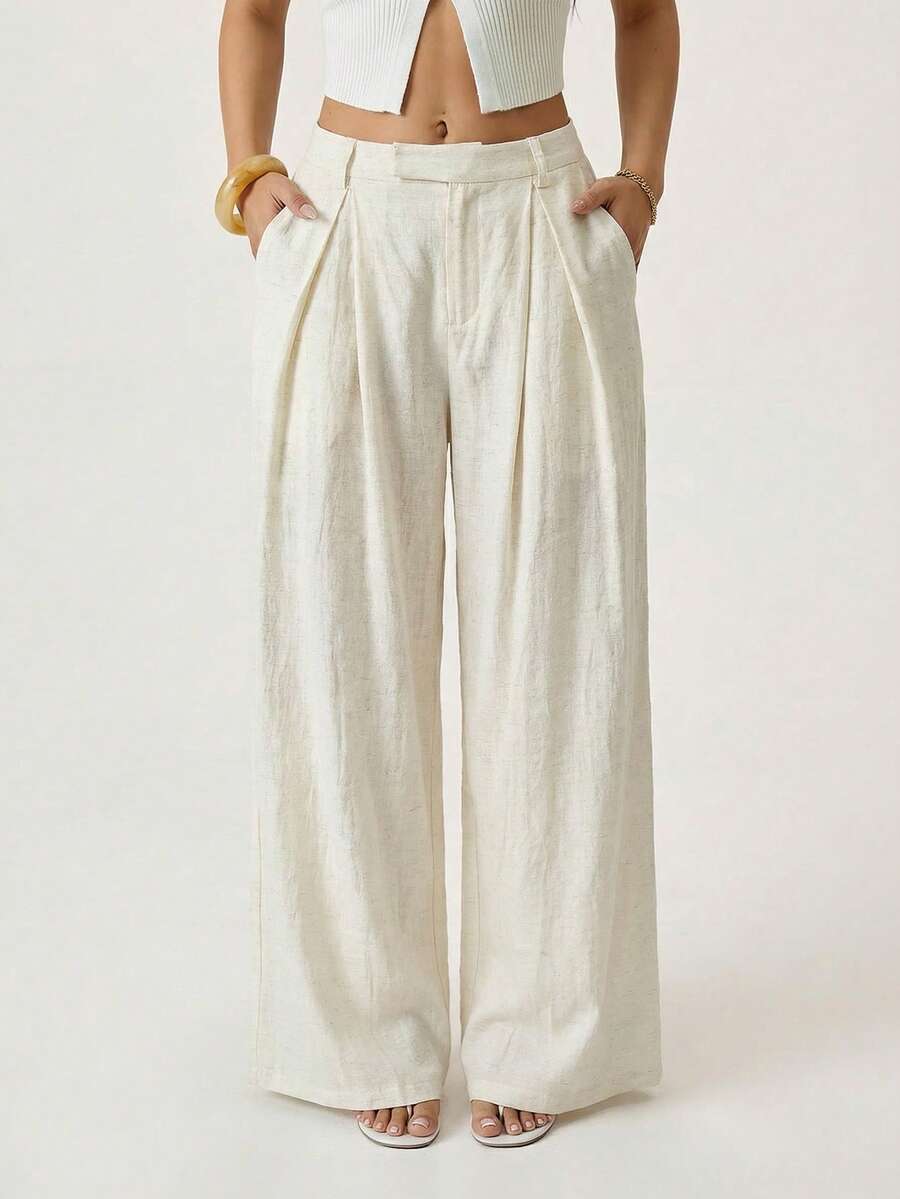 SHEIN PETITE Cream & Apricot Linen Low-Waist Pleated Wide-Leg Pants, Suitable For Italian Holiday, South France Holiday, Casual Trousers, Beach Pants, Cruise Pants, Old Money Style, Brunch Pants High Waist Pants White Wide Leg Pants Women Pants Wide Leg Pleated Pants - Apricot - View 1