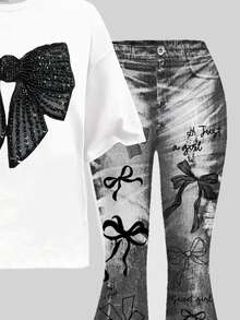 复古甜美蝴蝶结印花图案，少女休闲简约短袖上衣和裤子两件套，适合夏季、返校季、2000年代风格、韩版风格、秋季、返校节、冬季、朋克风、条纹、轻松舒适、时尚童装、嬉皮风、音乐节、美式复古甜美风、校园风、网络热销、都市漫步、街头风、休闲校园运动风、户外野餐、郊游、街头风、居家、校园、休闲穿着。 - 彩色 - 查看 5