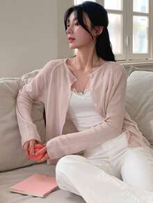 DAZY Women's V-Neck Loose Fit Long Sleeve Lightweight Cardigan - Pink - View 4