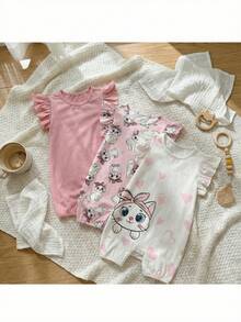 Loomiva 3pcs Baby Girl Cartoon Animal Print Soft Knit Ruffle Collar Sleeveless Romper & Shorts Set - Pink - View 7