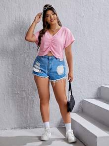 SHEIN EZwear Áo sơ mi tay cánh dơi màu hồng nhạt xếp ly phía trước, cỡ lớn, thích hợp cho kỳ nghỉ hè. - Màu Hồng baby - Xem 4