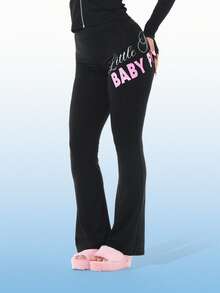 BABYPHAT Women Little Pink Slogan Jersey Flare Leg Black Leggings Retro Streetwear Bottom Casual Fall Winter Y2K Style - Black - View 1
