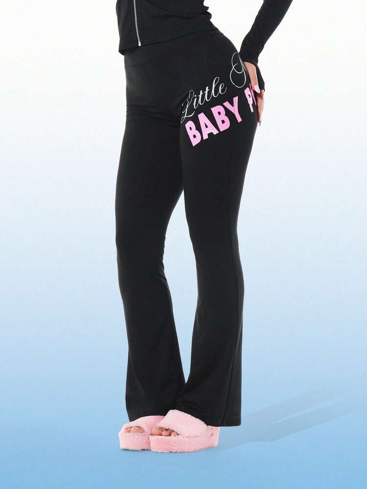 BABYPHAT Women Little Pink Slogan Jersey Flare Leg Black Leggings Retro Streetwear Bottom Casual Fall Winter Y2K Style