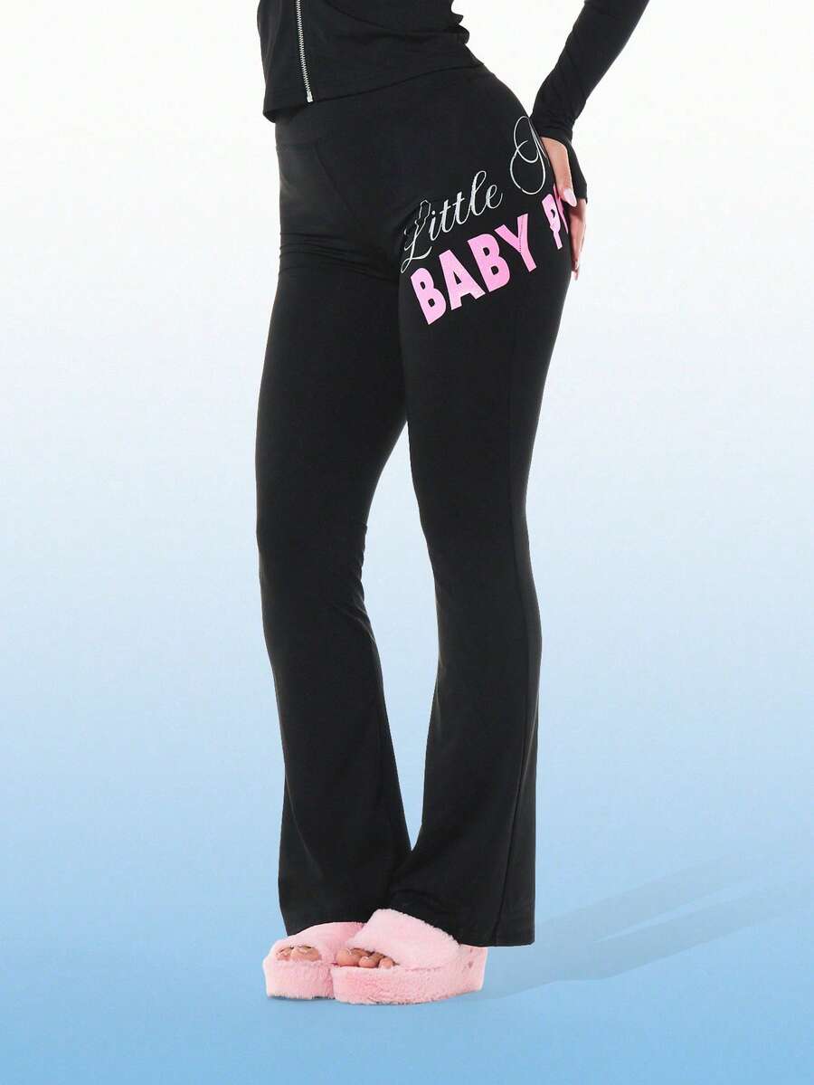 BABYPHAT Women Little Pink Slogan Jersey Flare Leg Black Leggings Retro Streetwear Bottom Casual Fall Winter Y2K Style - Black - View 1