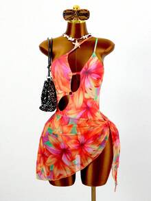 Zestiva Vestido de una pieza con estampado floral, accesorio circular, tirantes irregulares y huecos, espalda descubierta, traje de baño triangular sexy, conjunto de dos piezas para vacaciones de primavera y verano en la playa - Multicolor - Ver 3