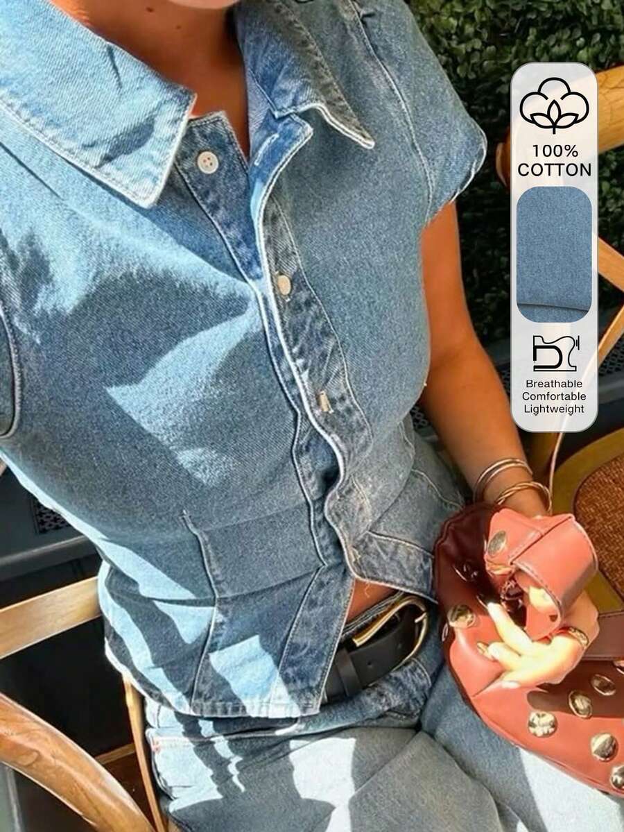 Livesso Women's Casual Washed Denim Blouse With Waist Cinching, Summer - Blue - View 1