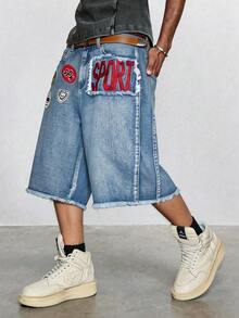 ROMWE MEN Street Life Men's Slogan Logo Embroidered Accent Drawstring Denim Shorts, Collegiate Style - Blue - View 1