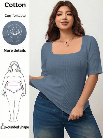 Enliva Plus Size Women's High Elastic Slim Fit Square Neck Short Sleeve T-Shirt, Women's Skin-Friendly Spring And Summer Tee, Friendly To Round Body Curves, Compatible With Apple Rounded Body Shape/2026 /New Year