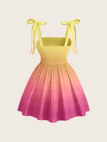 SHEIN MOD Plus Size Women Sunset Yellow Print Spaghetti Strap Tie-Up Hem Mini Dress - Purple - View 2