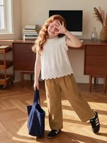 Tween Girls Ruffle Collar Hollow Out Embroidery Blouse And Pants Casual 2 Pieces Set - Khaki - View 4