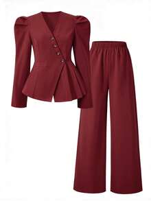 SHEIN Tween Girls 2pcs/Set Red Fall Outfit Matching Family V-Neck Puff Sleeve Button-Up Cropped Top Wide-Leg Pants Elegant 80s Western Cute School Cheer - Burgundy - View 8