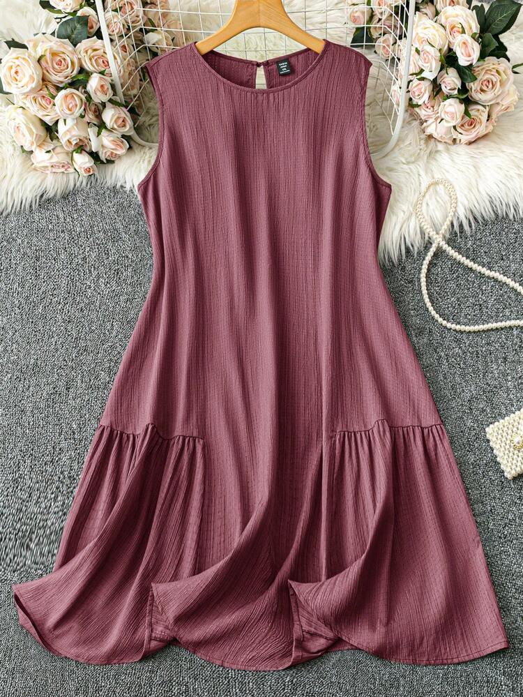 Enliva Vestido corto sin mangas de tela con textura verde, elegante y cómodo, de uso diario y versátil, para mujer de talla grande, ideal para primavera y verano, ropa bohemia, atuendos de vacaciones, vestido verde salvia, atuendo para té, estilo europeo de verano, atuendos para brunch para mujer - Rosa vieja - Ver 3