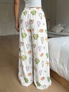 Aloruh 女士春夏休闲新款海星、贝壳印花低腰宽松亚麻抽绳阔腿裤，适合海滩度假 - 彩色 - 查看 3