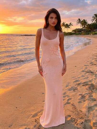 Aloruh New Fashionable Young Vacation Style Low-Cut Fitted Solid Color 3D Floral Decor Waist Cinched Pink Backless A-Line Long Knitted Dress