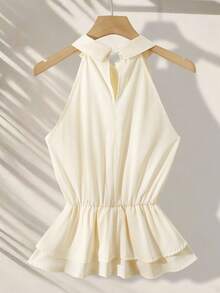 Franclia Women's Shirt With Neck Tie, Ruffle Hem - White - View 2