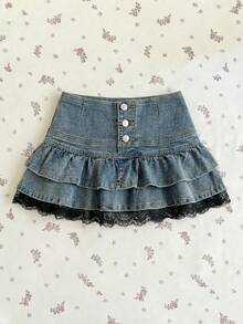 Elamini Women's Summer Casual Ruffled Lace Hem Denim Mini Skirt - Light Wash - View 1