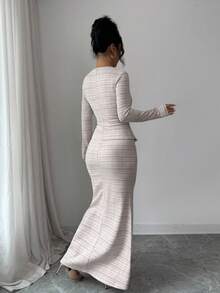 Elenzga 女士方领印花纽扣前开襟长袖上衣和裙子两件套 - 卡其色 - 查看 2