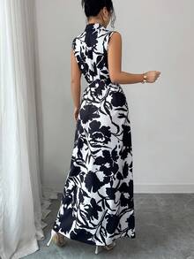 SHEIN Elenzya Elegant Commuter Floral Print Asymmetric Hem Dress, Summer - Black and White - View 2