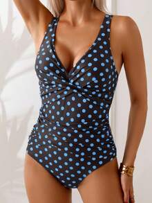 Swim Basics Damen Polka Dot Rüschen Badeanzug, geeignet für Strandurlaub, Pool-Party, Strandparty - Blau - Übersicht 6