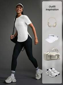 Powerista Camiseta deportiva casual de unicolor con abertura lateral y manga corta para mujer - Blanco - Ver 6