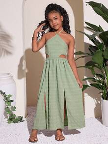 Tween Girls' Casual Vacation Halter Waist Hollow Out Dress - Green - View 4