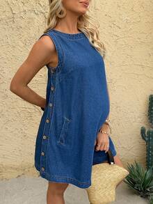 SHEIN 孕妇圆领侧扣休闲无袖牛仔连衣裙 - 藍色 - 查看 5