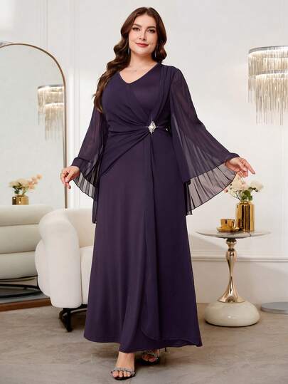 Reflora Plus Size Women V-Neck Rhinestone Decor Solid Color Fashion Party Dress