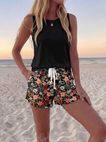 Sylviya 2 件套复古花卉图案女式圆领无袖上衣和短裤套装，夏季休闲装 - 彩色 - 查看 3
