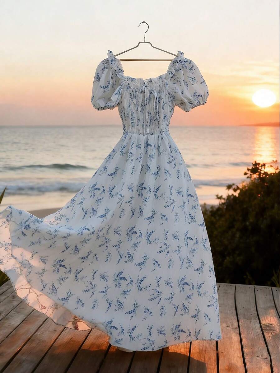 GlowEve Vestido de línea A con cuello con volantes, mangas abultadas y estampado floral diminuto elegante para mujer, primavera/verano - Blanco - Ver 1