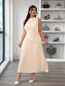 Elenzga Đầm chữ A không tay xếp ly, cổ xòe, dáng xòe thanh lịch dành cho nữ/Chân váy xòe/Đầm đi học/Trang phục học sinh/Đầm dự tiệc/Phong cách cổ điển/Trang phục đi chơi/Trang phục dự tiệc cho nữ/Trang phục công sở cho nữ/Chân váy màu mơ giả - Màu Khaki - Xem 7