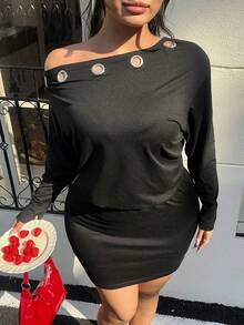 GalTyme 大码女式纯色锁孔设计不对称肩长袖修身时尚连衣裙 - 黑色 - 查看 1