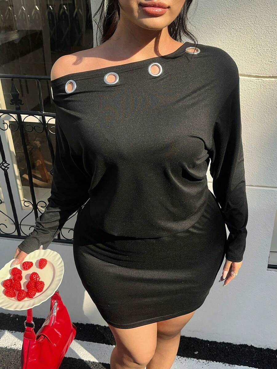 GalTyme 大码女式纯色锁孔设计不对称肩长袖修身时尚连衣裙 - 黑色 - 查看 1