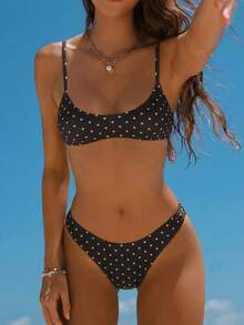 Swim Mod Bộ bikini gợi cảm cổ chữ V màu xanh hải quân và trắng chấm bi kiểu Bohemian, dây đeo có thể điều chỉnh, dành cho kỳ nghỉ. - Nhiều màu - Xem 1