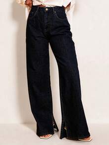 SHEIN BAE Casual Indigo Denim Low-Waist Side Slit Boyfriend Style Wide Leg Jeans, Suitable For Daily Wear, Leisure, Commute, Elegant Gatherings, Hangouts With Friends - Dark Wash - View 4
