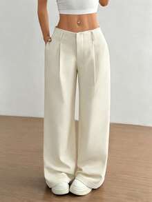 SHEIN Unity Casual Women's Beige Extra Long Straight Leg Woven Pants With Zipper Detail - Beige - View 6